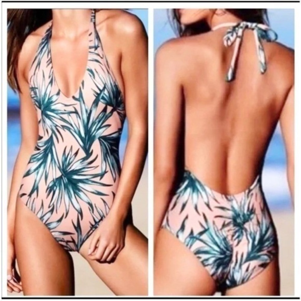 PINK Victoria's Secret One Piece Swimsuit Tropical Palm Women Large Pink Green‎